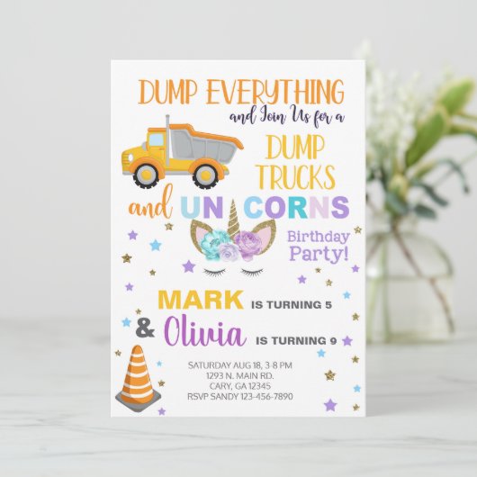 兄弟姉妹ユニコーンとダンプトラックの誕生日招待状。 招待状 (スタンド正面)