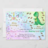 兄弟姉妹ユニコーンと恐竜の誕生日の招待状。 招待状 (正面)