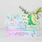 兄弟姉妹ユニコーンと恐竜の誕生日の招待状。 招待状 (スタンド正面)