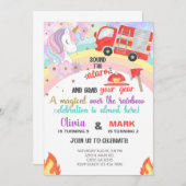 兄弟姉妹ユニコーンと消防車の誕生日招待状。 招待状 (正面/裏面)