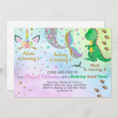 兄弟姉妹ユニコーン、マーメイド&恐竜の招待。 招待状 (正面/裏面)