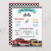 兄弟姉妹レトロレーシングカー誕生日招待状 招待状 (正面/裏面)