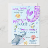 兄弟姉妹人魚とサメの誕生日招待状。 招待状 (正面)