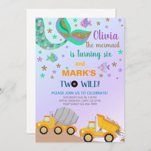 兄弟姉妹人魚とダンプトラックの誕生日招待状。 招待状 (正面/裏面)