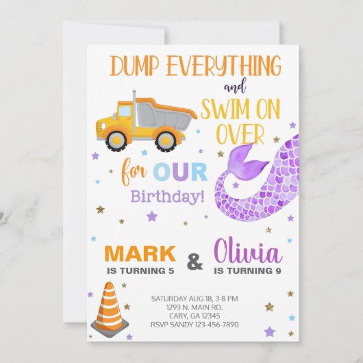 兄弟姉妹人魚とダンプトラック誕生日招待状。i 招待状 (正面)