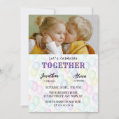 兄弟姉妹写真カラフルバルーン接合誕生日 招待状 (正面)