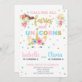 兄弟姉妹妖精とユニコーン誕生日招待状。 招待状 (正面/裏面)