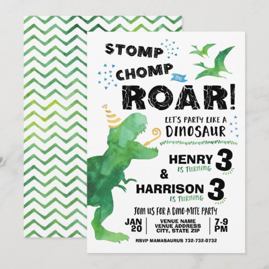 兄弟恐竜の誕生日おめでとう Stomp Chomp Roar 招待状 (正面/裏面)