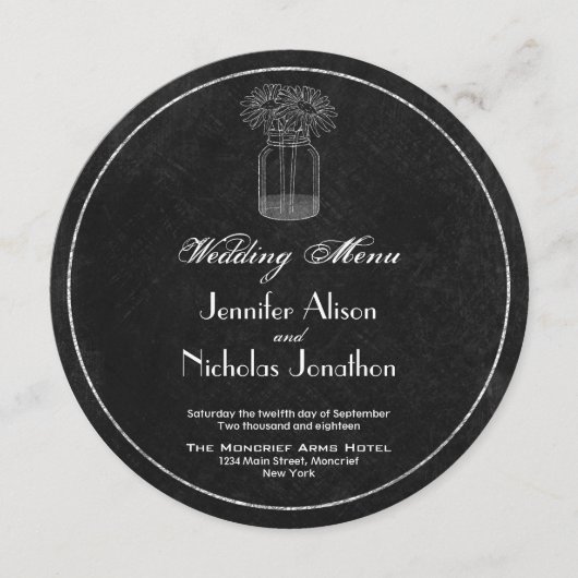 充電器の結婚式メニュー黒板、メーソンジャー及びデイジー メニュー (正面)
