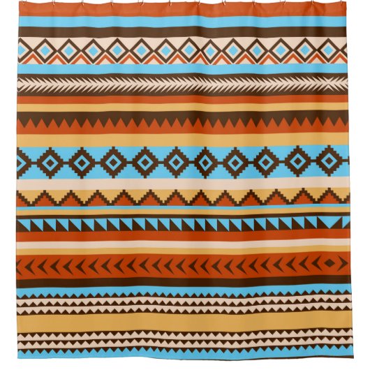 先住民お洒落南西ブラウンオレンジとブルー シャワーカーテン (正面)