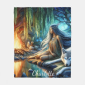 先住民とウルフバイウォーター静かなシーン フリースブランケット (正面)