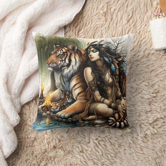 先住民と虎の水差し クッション (ブランケット)