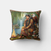 先住民のアメリカ人女性がイーグルで火のそばに座る クッション (正面)