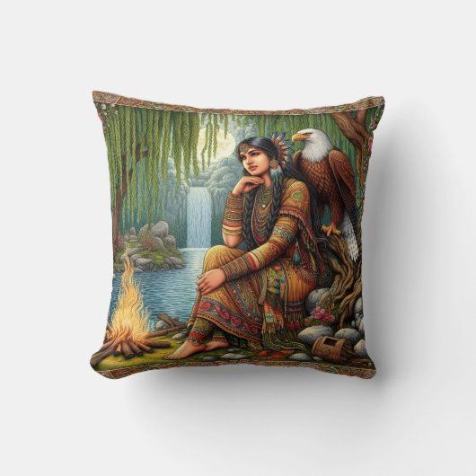 先住民のアメリカ人女性がイーグルで火のそばに座る クッション (正面)