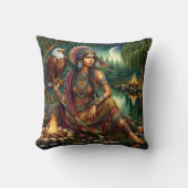 先住民のアメリカ人女性がイーグルと水辺に座っている クッション (正面)