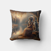 先住民のアメリカ人女性がオオカミと水辺に座っている クッション (正面)