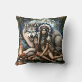 先住民のアメリカ人女性がオオカミの炉辺に座っている クッション (裏面)