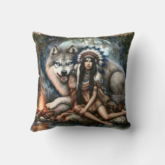 先住民のアメリカ人女性がオオカミの炉辺に座っている クッション (裏面)