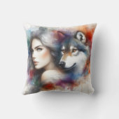 先住民のアメリカ人女性がオオカミの精神に魅了される クッション (裏面)
