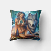 先住民のアメリカ人女性がオオカミの隣に座っている クッション (裏面)