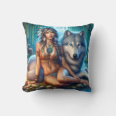 先住民のアメリカ人女性がオオカミの隣に座っている クッション (正面)