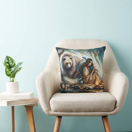 先住民のアメリカ人女性がクマと火の前で座っている クッション (椅子)