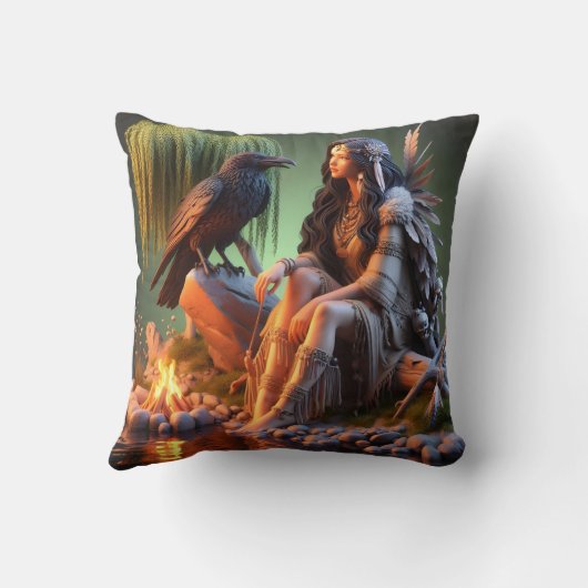 先住民のアメリカ人女性が夕暮れ時に水に包まれる クッション (裏面)