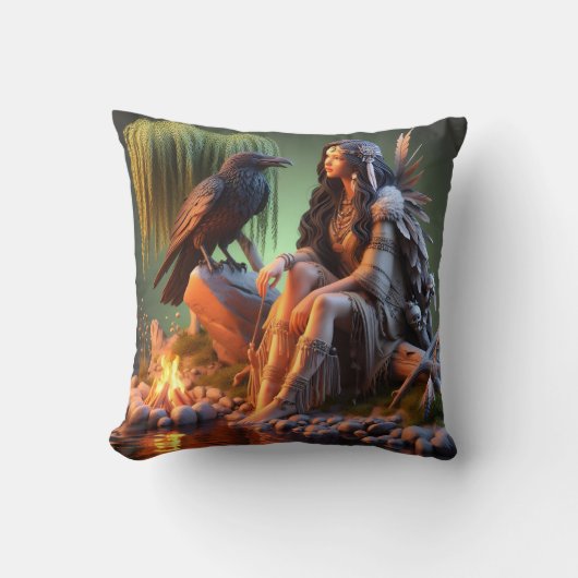 先住民のアメリカ人女性が夕暮れ時に水に包まれる クッション (正面)