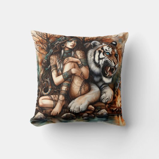 先住民のアメリカ人女性が夕暮れ時に虎の隣に座った クッション (正面)