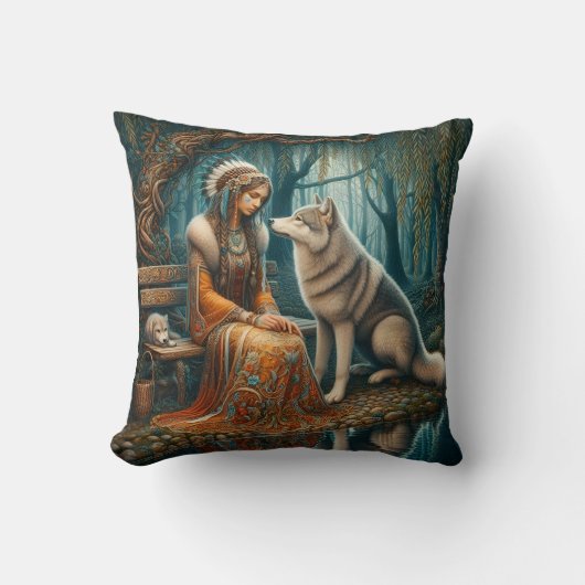 先住民のアメリカ人女性が森の中で狼と一緒に座っている クッション (正面)