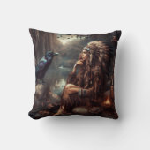 先住民のアメリカ人女性が波打ち草を持って水辺に座る クッション (正面)