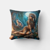 先住民のアメリカ人女性が狼と一緒に夜に座る クッション (正面)