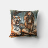 先住民のアメリカ人女性が虎と水辺に座っている クッション (正面)