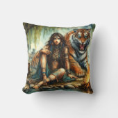 先住民のアメリカ人女性が虎と水辺に座っている クッション (正面)