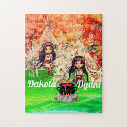 先住民のアメリカ人女性でウッドランド動物 ジグソーパズル (縦)