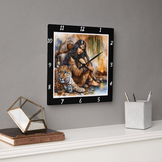 先住民の伝承:タイガーの目ムーンの反射 スクエア壁時計 (オフィス)