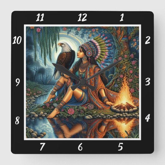 先住民の垣根:イーグルのウィング川の輝き スクエア壁時計 (正面)