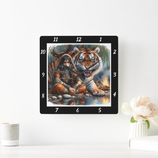 先住民の垣根:タイガーの影の川の輝き スクエア壁時計 (ホーム)