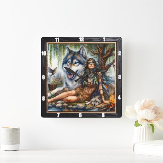 先住民の夕暮れ話:穏やかな時計 スクエア壁時計 (ホーム)