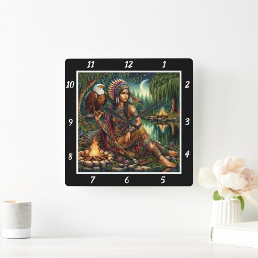 先住民の夜明け:イーグルの叫び森の光 スクエア壁時計 (ホーム)