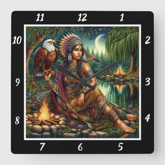 先住民の夜明け:イーグルの叫び森の光 スクエア壁時計 (正面)