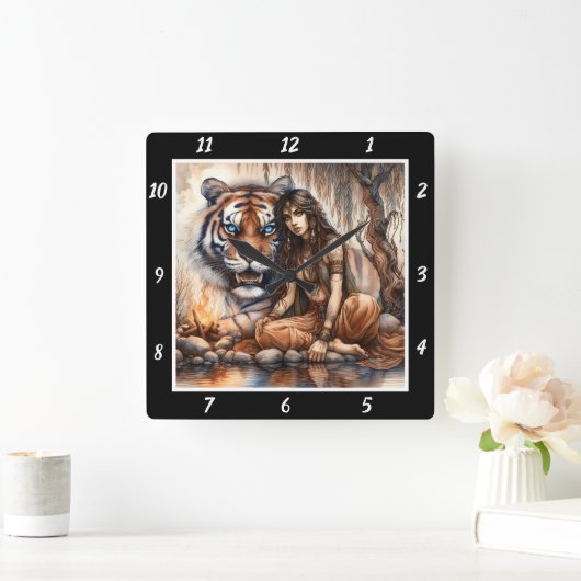 先住民の夜明け:タイガーの目の森の光 スクエア壁時計 (ホーム)