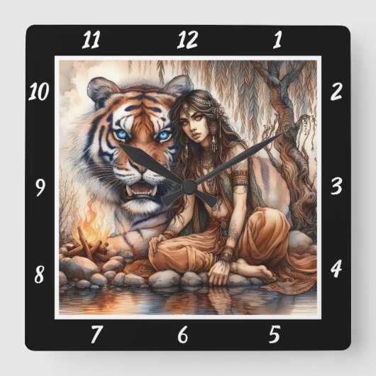 先住民の夜明け:タイガーの目の森の光 スクエア壁時計 (正面)