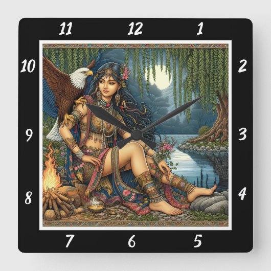 先住民の夜：イーグルの影の星の輝き スクエア壁時計 (正面)