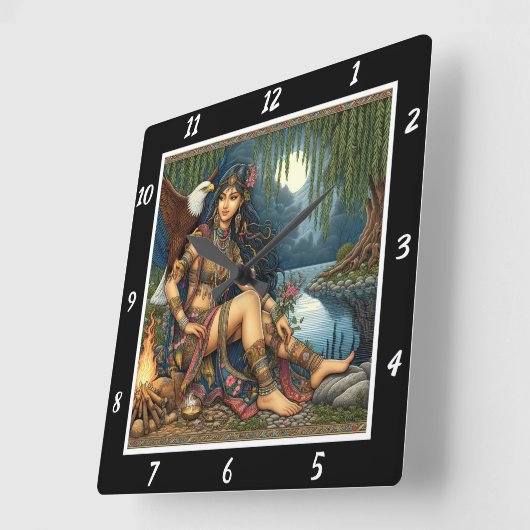 先住民の夜:イーグルの影の星の輝き スクエア壁時計 (傾斜)