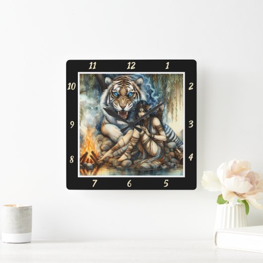 先住民の夜:タイガーのシャドースターのダンス スクエア壁時計 (ホーム)