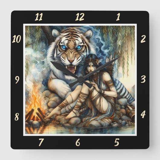 先住民の夜：タイガーのシャドースターのダンス スクエア壁時計 (正面)