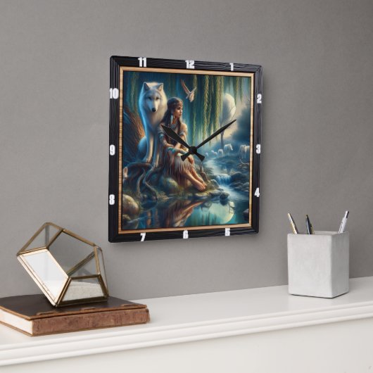 先住民の夢の風景:古代の水ささやき スクエア壁時計 (オフィス)