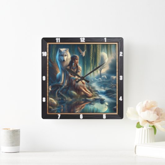 先住民の夢の風景:古代の水ささやき スクエア壁時計 (ホーム)