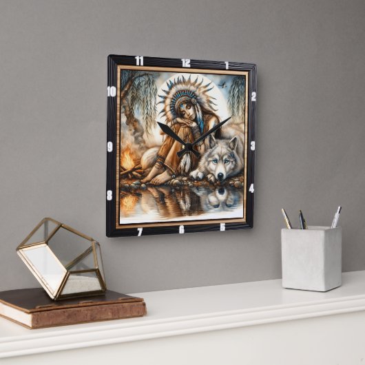 先住民の夢想:柳の日陰の黄昏 スクエア壁時計 (オフィス)